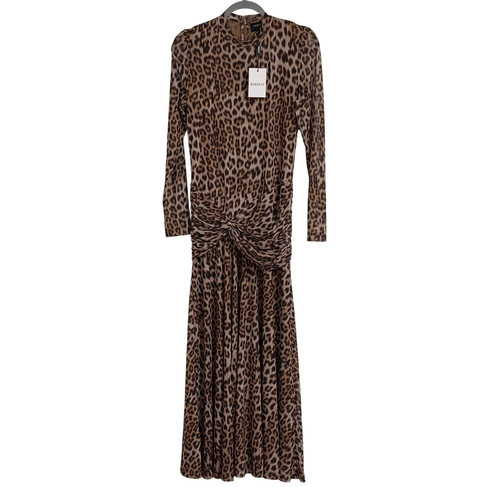Bardot Lea Mesh Midi Women's XL Brown Leopard Print Twist Front Mock Neck NEW - Picture 1 of 6